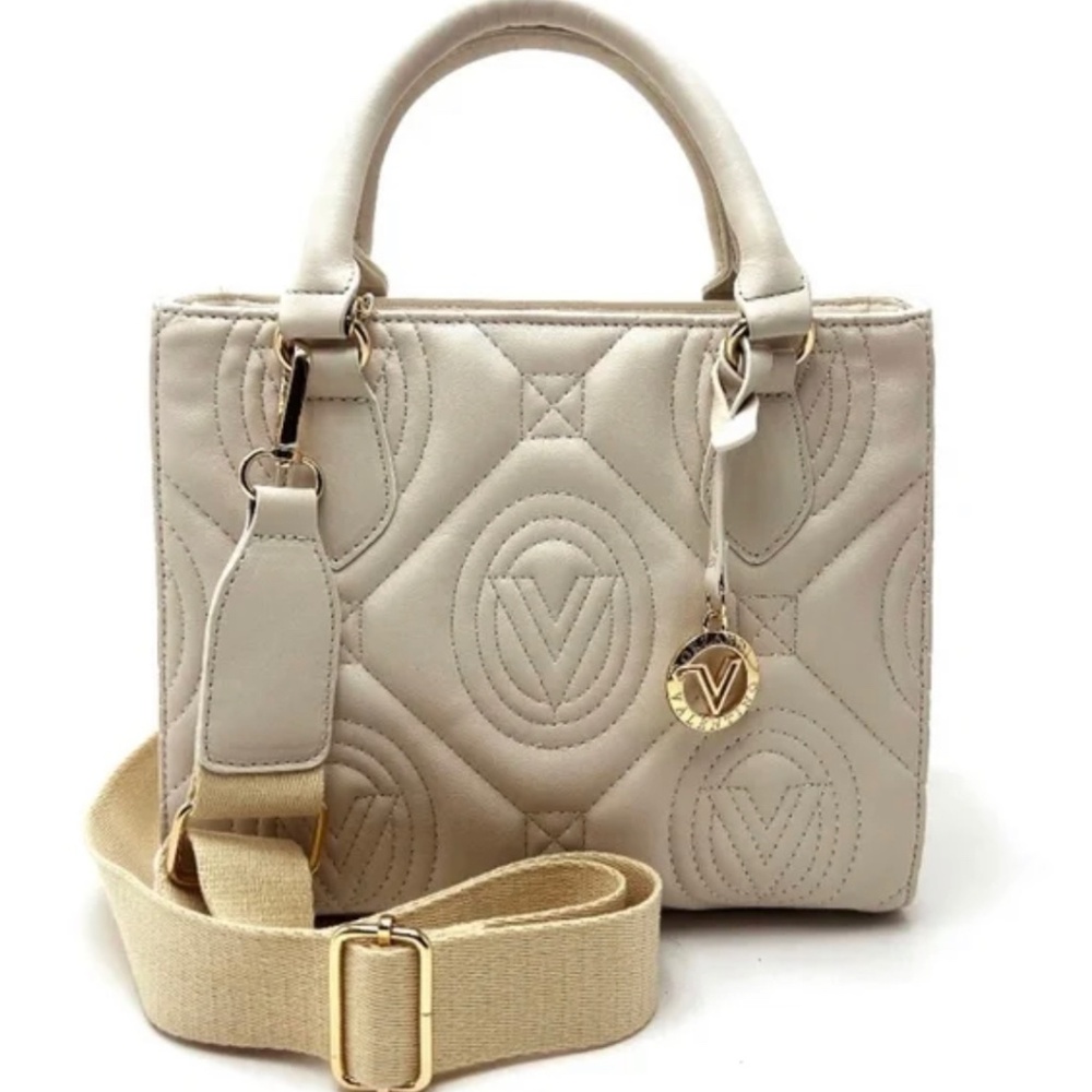 NWT Valentino Orlandi Light Taupe Top Handle/Crossbody V Logo Quilted Tote/Purse